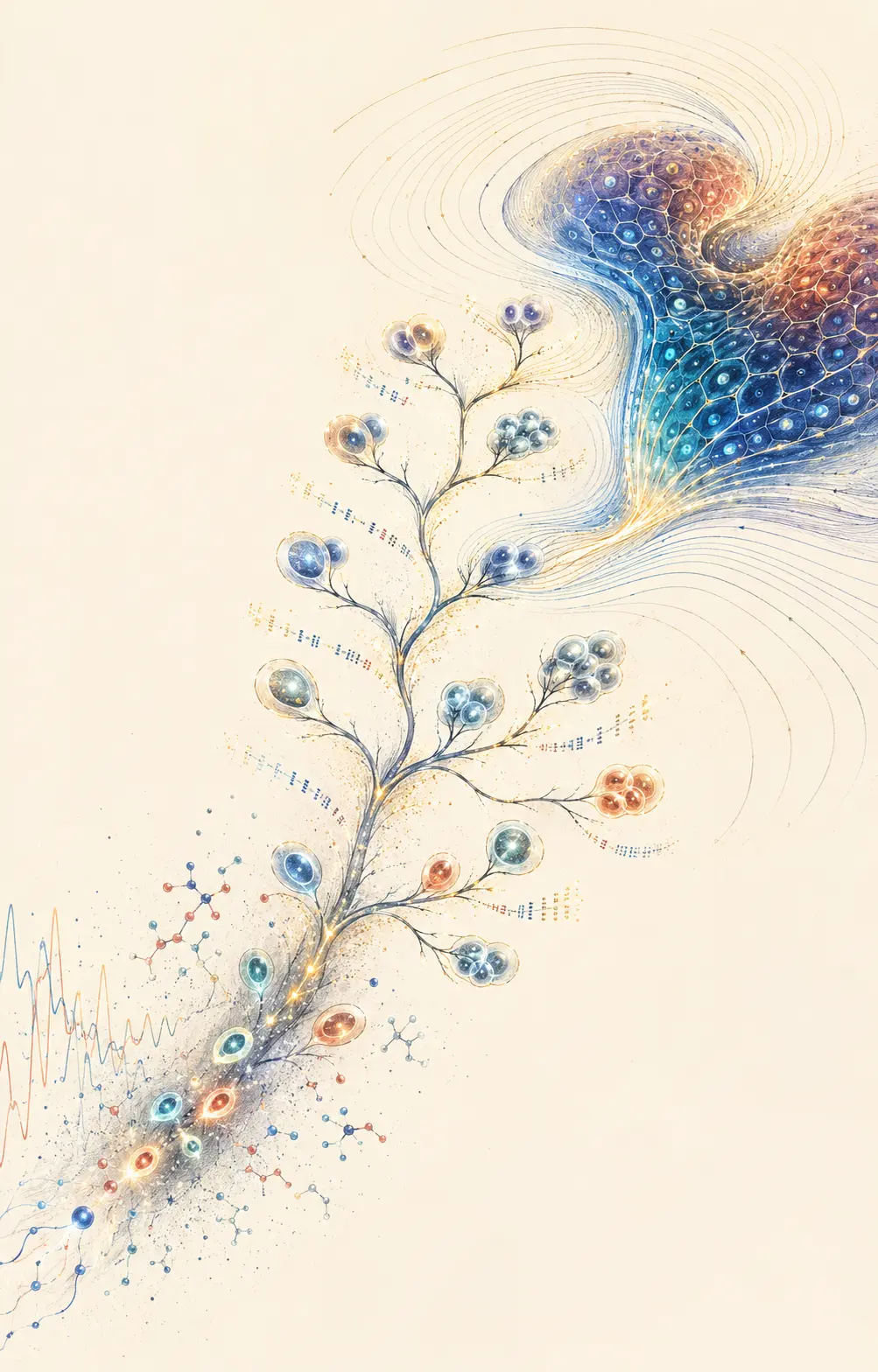 Signals and molecular traces forming a branching cell lineage that flows into an organized living tissue