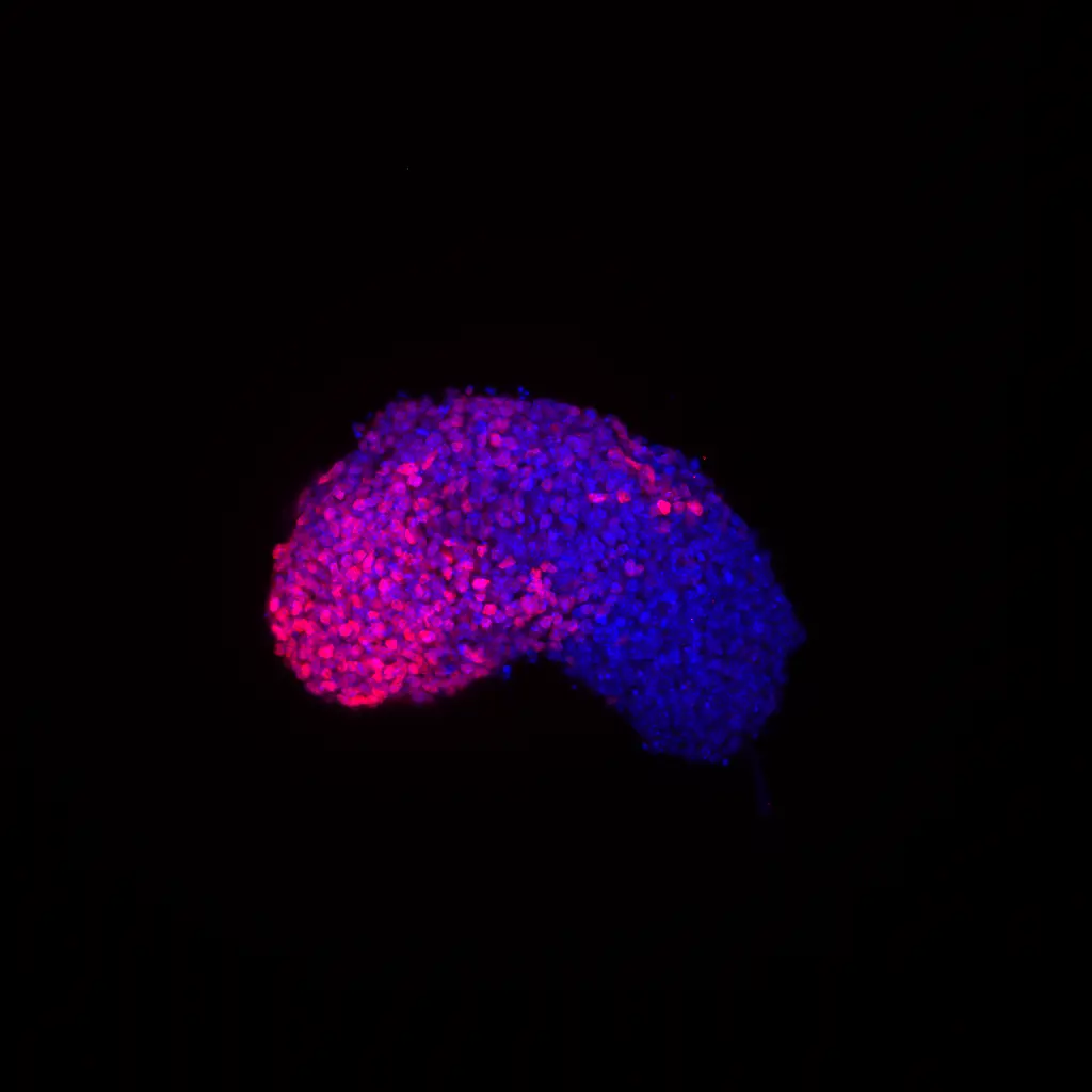 Fluorescence microscopy of a synthetic embryo with spatially polarized magenta and blue domains